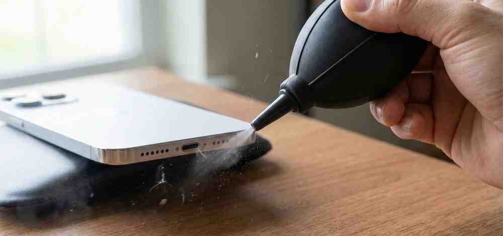 A manual rubber air bulb blower (rocket blower) puffing air gently near the iPhone lightning port and speakers