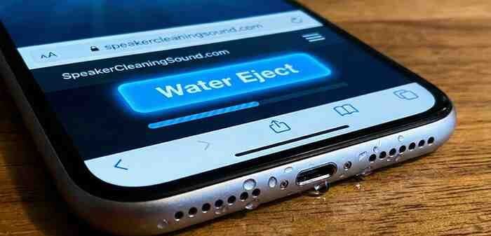 A smartphone screen displaying the 'speakercleaningsound.com' interface with the 'Water Eject' button active, and water droplets visible on the speaker grill
