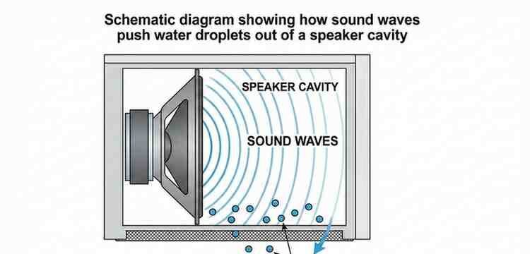 Schematic diagram showing how sound waves push water droplets out of a speaker cavity]